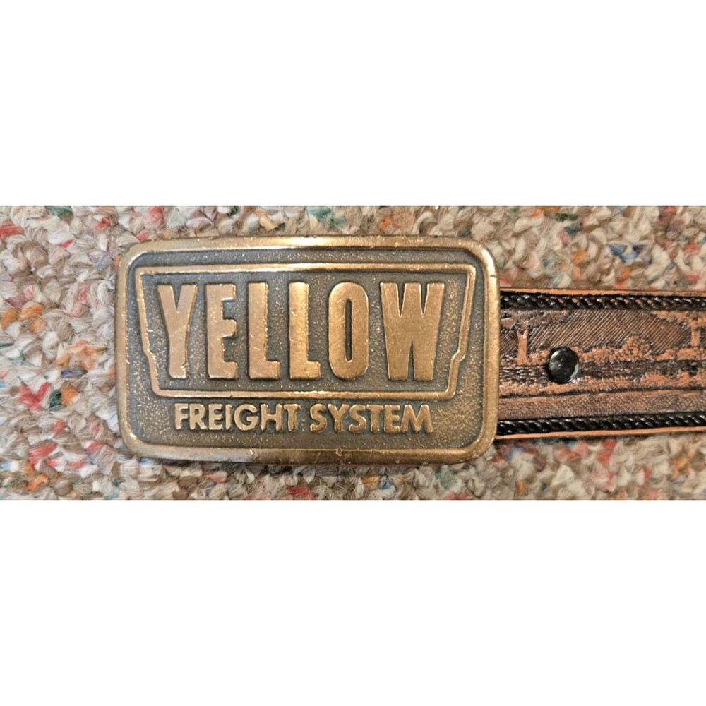 Vintage Yellow Freight Trucking Belt and Buckle. Gen Cowhide Awesome. 44"